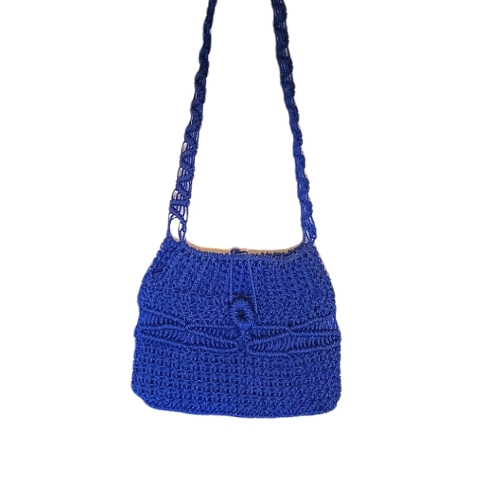 Bold & Blue Plastic Twine Macrame Woven Purse with Fold Over Latch